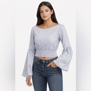 bebe Blue & White Striped Smocked Crop Top Bell Sleeves Size L/G